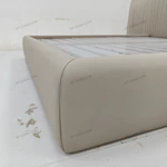 Light Beige Leather Upholstered Bed with Vertical Pleated Headboard & Gold Stainless Steel Ball Studs
